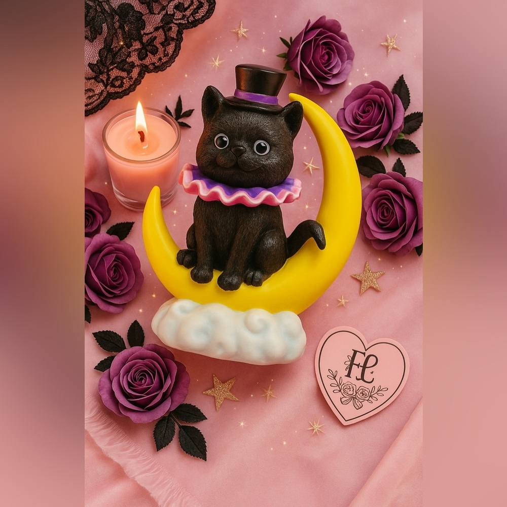 Halloween Black Cat Moon Statue Gothic Sailor Moon Decor Resin NWT